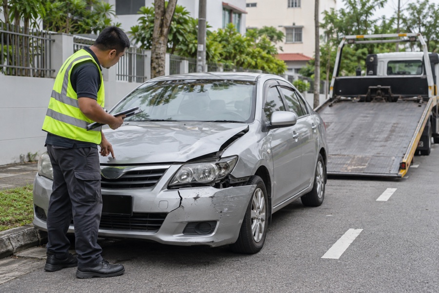 Tow operator assessing damage to a sedan beside a recovery truck