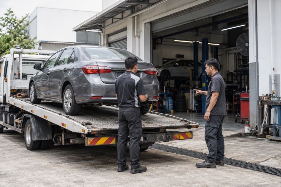 Illustrative image: Sedan arriving on a flatbed at an automotive workshop