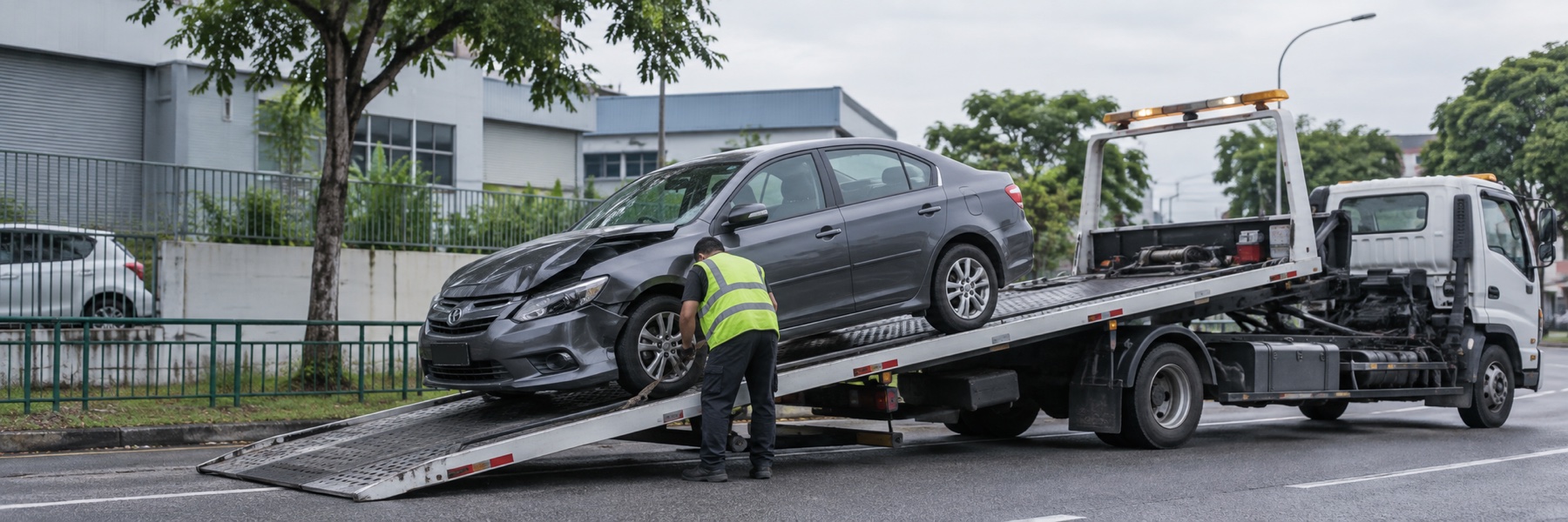 Illustrative image: Tow operator loading an accident-damaged sedan onto a flatbed in Singapore