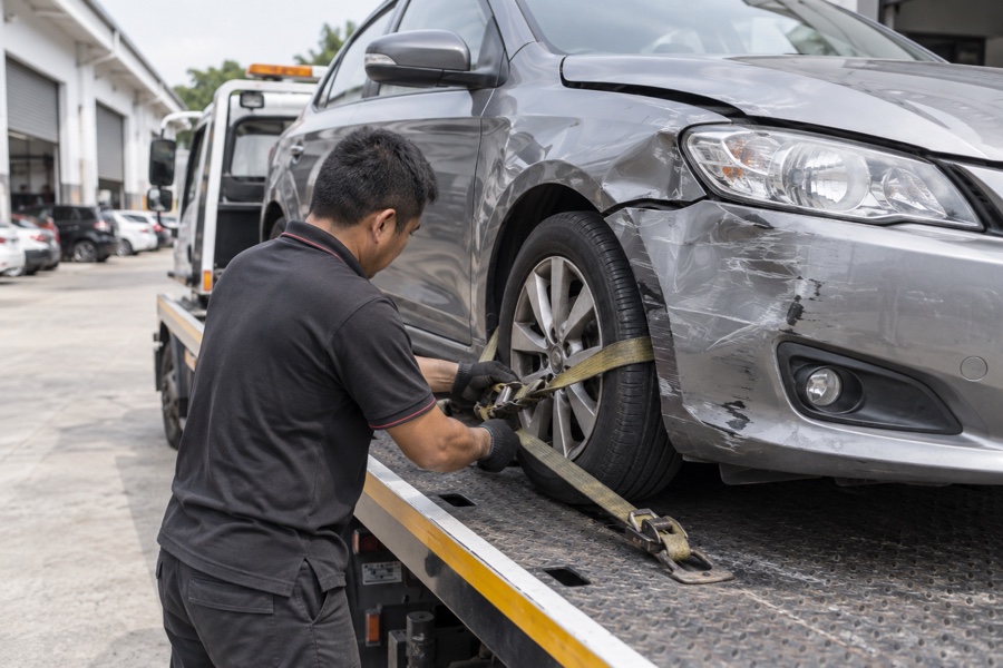 Illustrative image: Tow operator securing a damaged car wheel to a flatbed