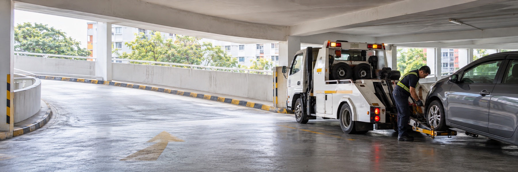 Illustrative image: Low-profile recovery truck assisting a car in a Singapore multi-storey carpark