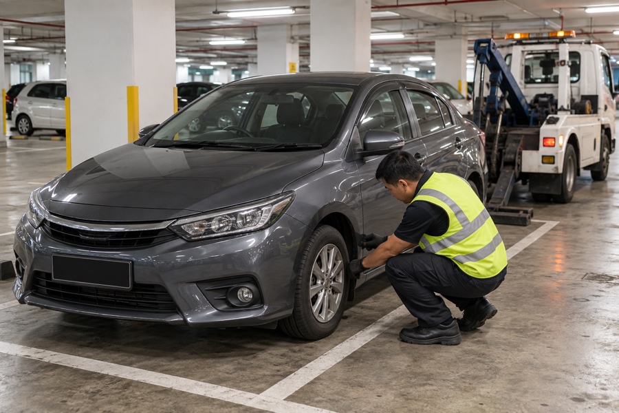 Illustrative image: Tow operator checking the wheel of a stationary car in a basement carpark