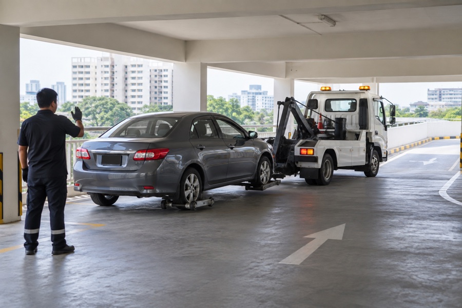 Illustrative image: Recovery truck moving a sedan through an open level of a multi-storey carpark