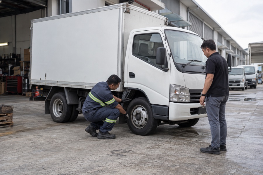 Illustrative image: Operator and driver inspecting a small box lorry at a workshop yard