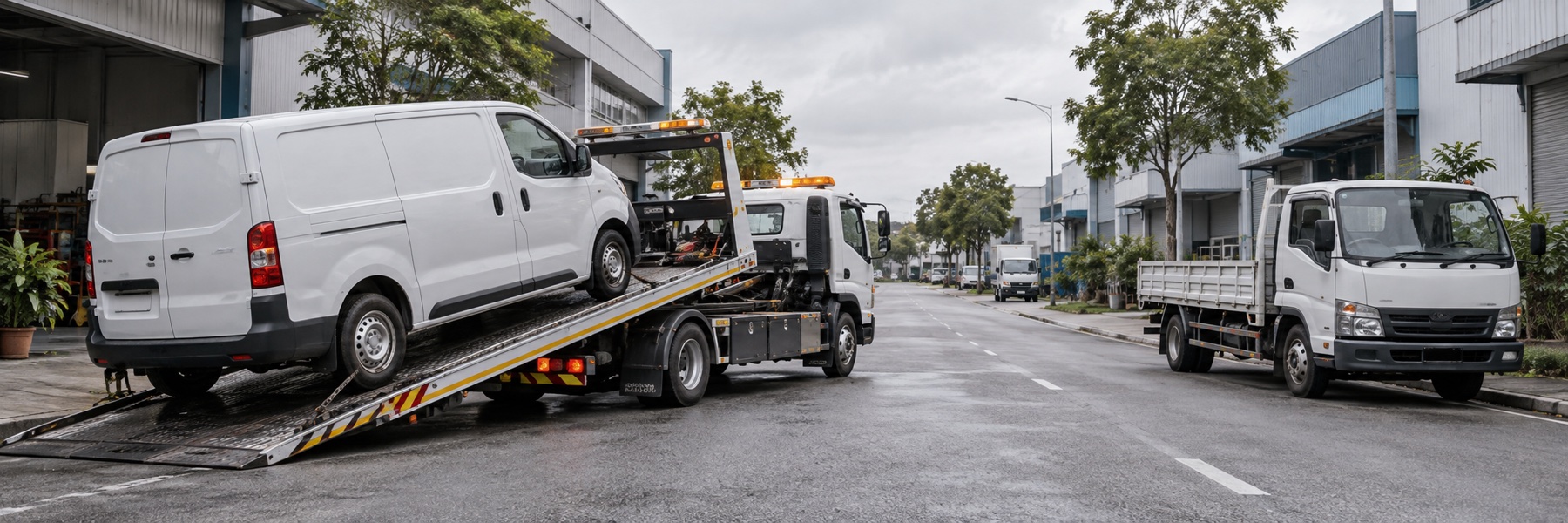 Illustrative image: Delivery van on a recovery truck with a small lorry in an industrial estate