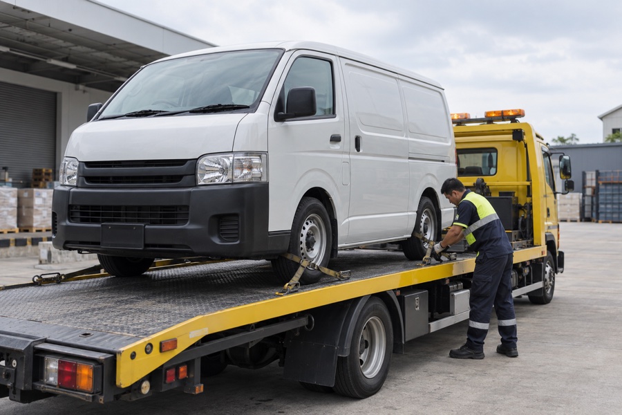 Illustrative image: Tow operator securing a delivery van on a flatbed